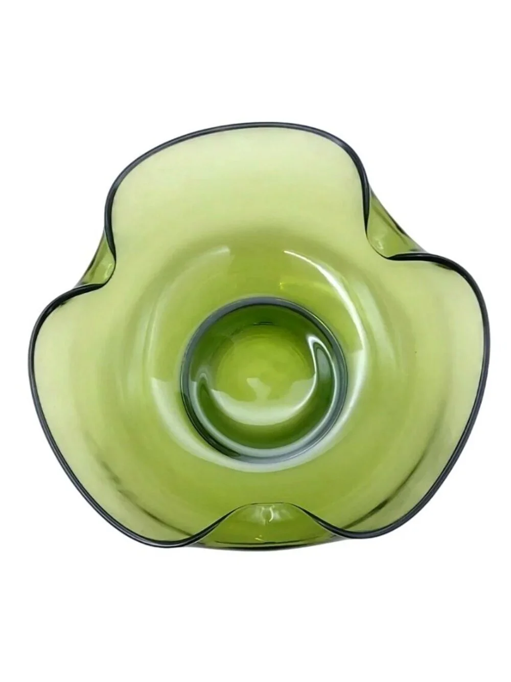 Anchor Hocking Avocado Green Pinched Glass Chip Popcorn Serving Bowl Vintage MCM